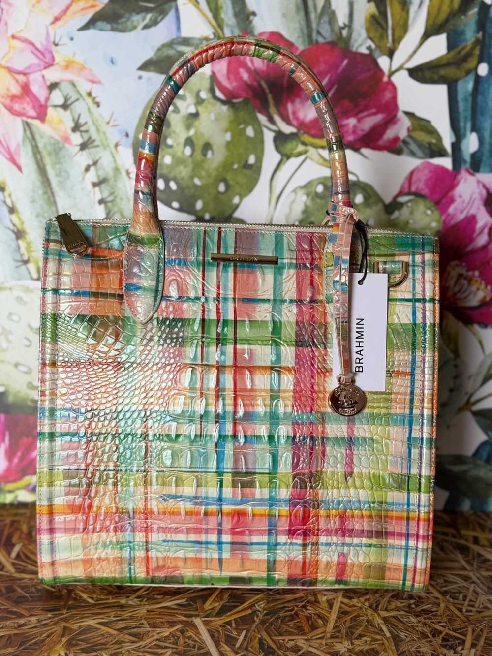 RARE FIND Brahmin Caroline Satchel In Green Assorted In Sweet Tea Plaid Bag NWT